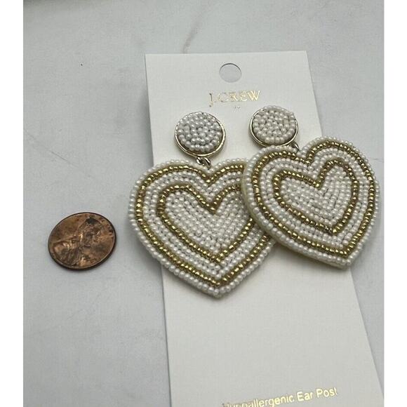 J. Crew Factory Beaded Heart Statement Earrings in Pearl Multi Gold Plated New - Picture 7 of 8
